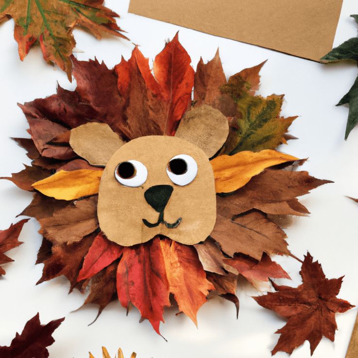 a paper lion made out of leaves on top of a white table with brown and orange leaves