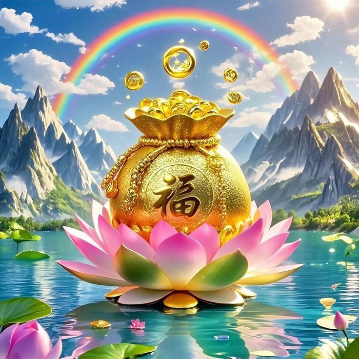 a golden pot on top of a water lily in front of mountains and a rainbow