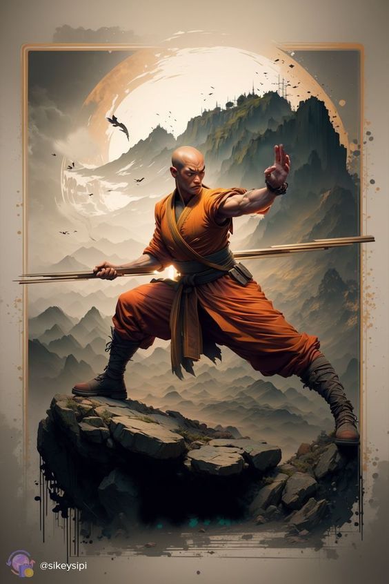 a painting of a man with two swords in his hands, on top of a mountain