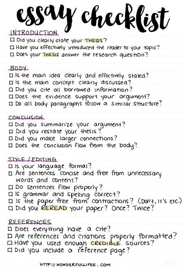 an easy checklist for college students to use in their writing and homework workbook