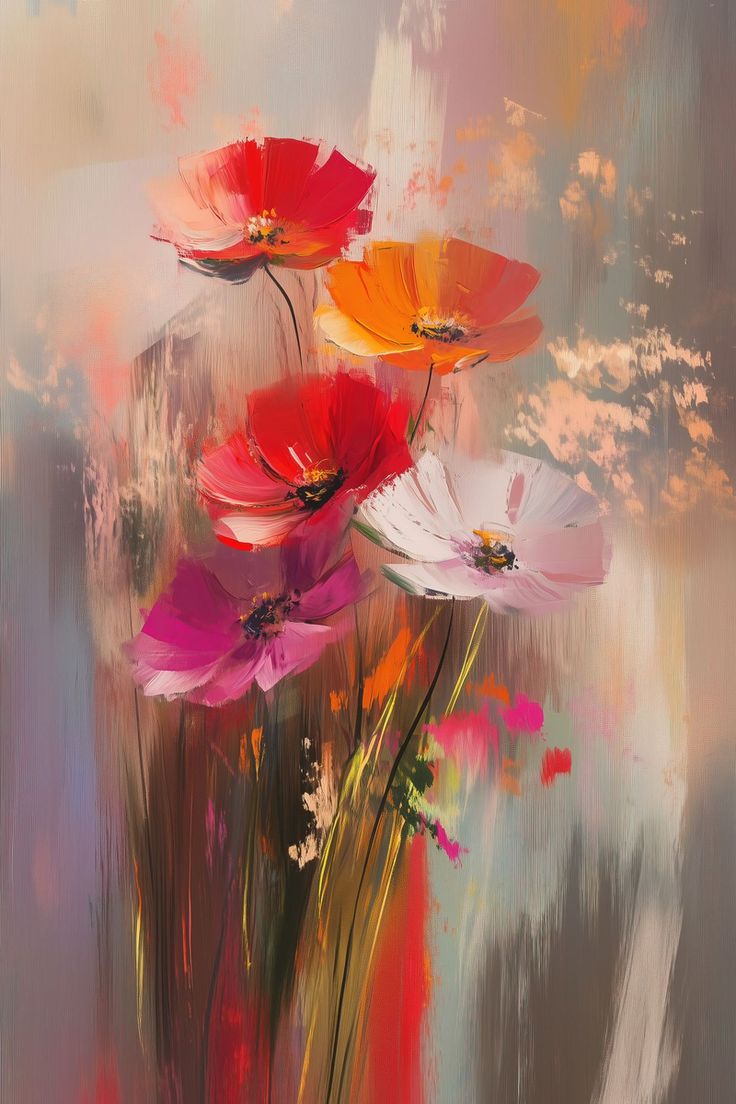 three colorful flowers are in a vase on a painting board with watercolors and brush strokes