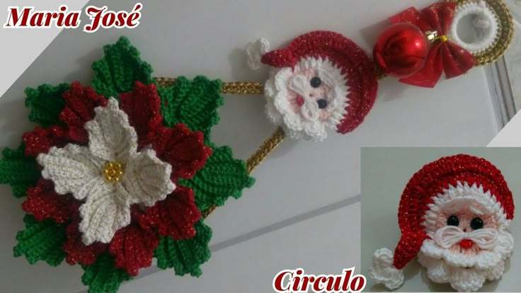 crocheted santa claus and poinsettis with bells