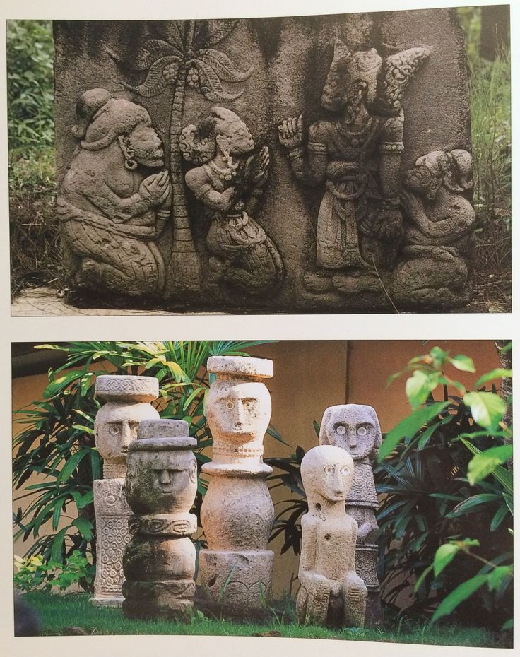 two pictures of stone statues in the grass