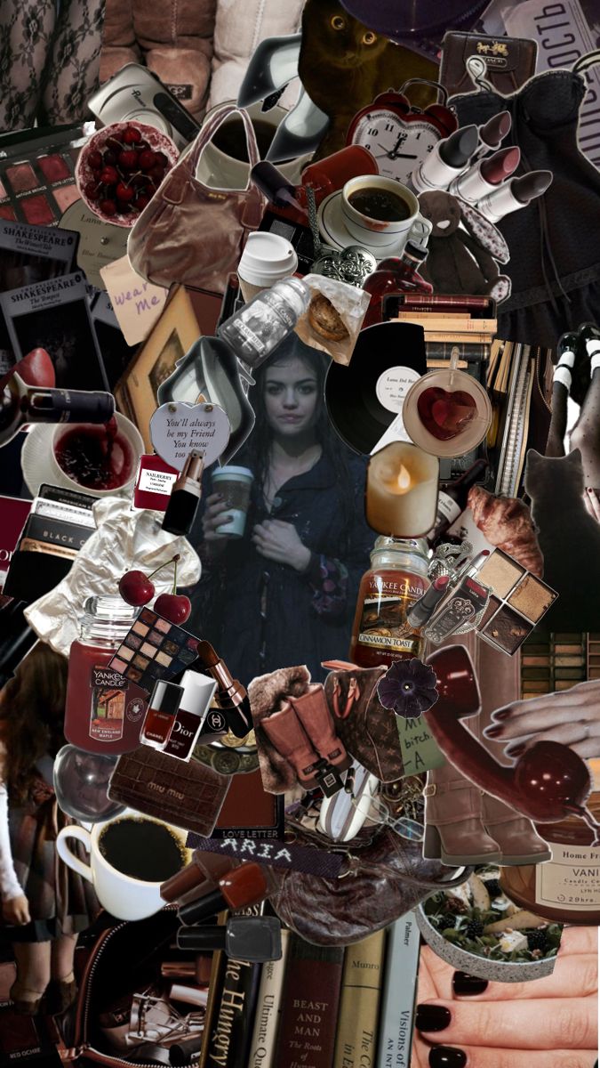 a collage of many different items and people in the background, including an image of a woman holding a cell phone