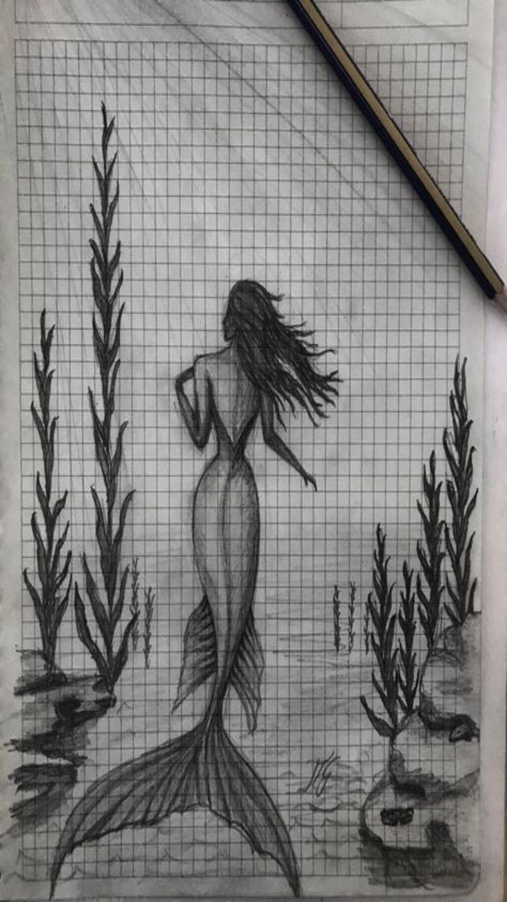 a pencil drawing of a mermaid in the water