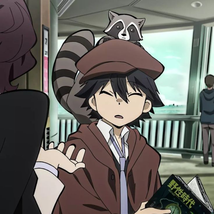 an anime character with a raccoon on his head and other people in the background