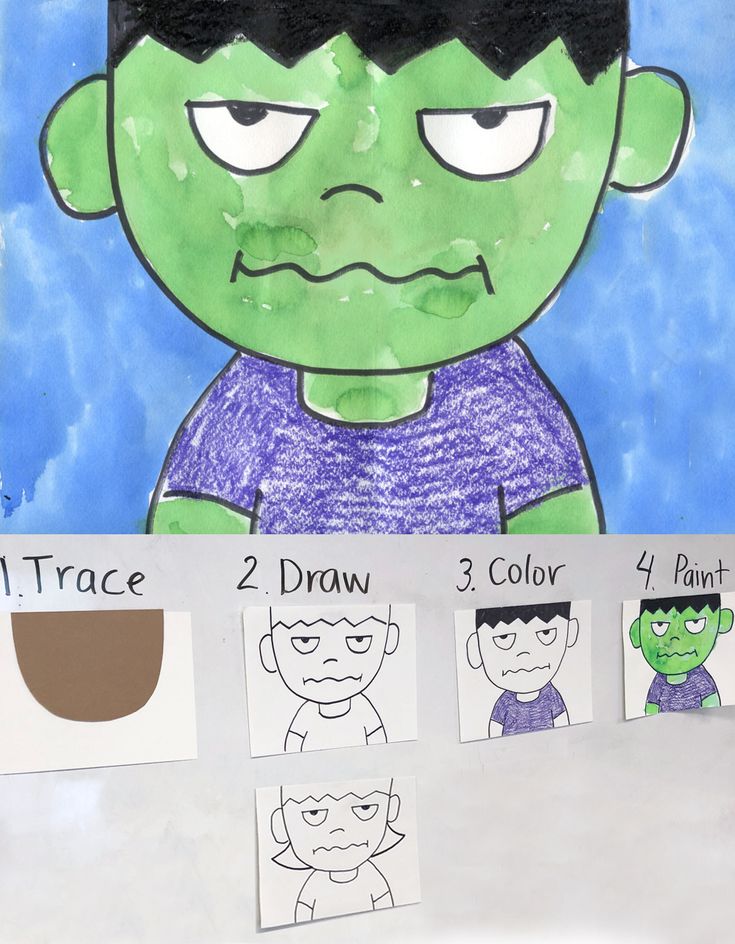 a drawing of a green man with four different facial expressions on it's face