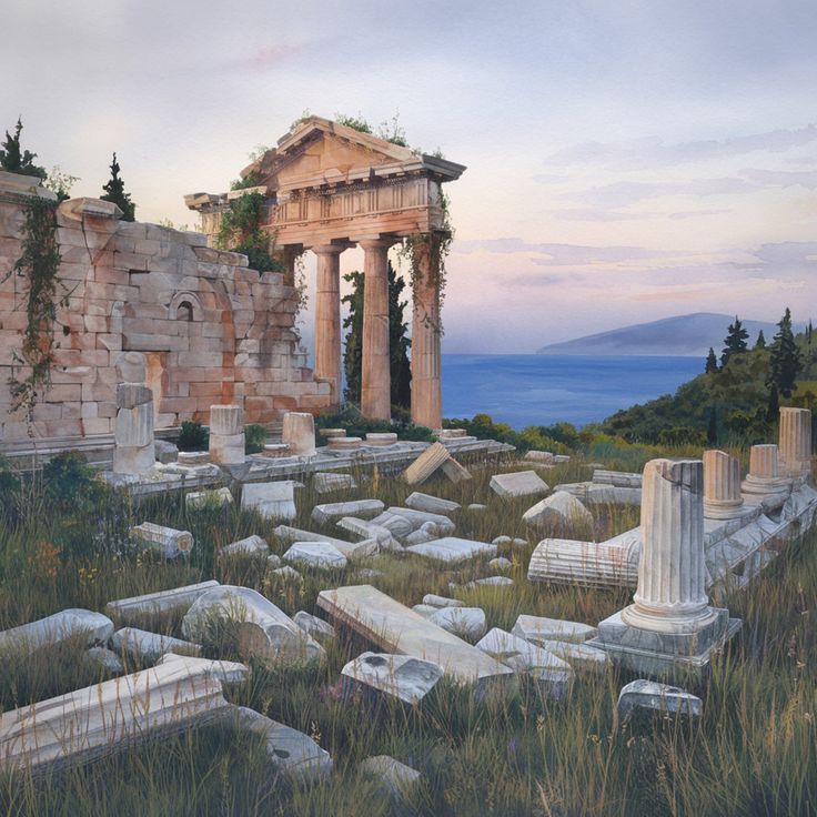 an oil painting of ruins and trees in the background