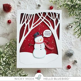 a christmas card with a snowman in the middle and trees around it, surrounded by holiday decorations