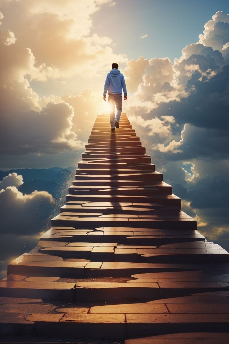 a man walking up stairs to the sky with clouds and sun in the back ground