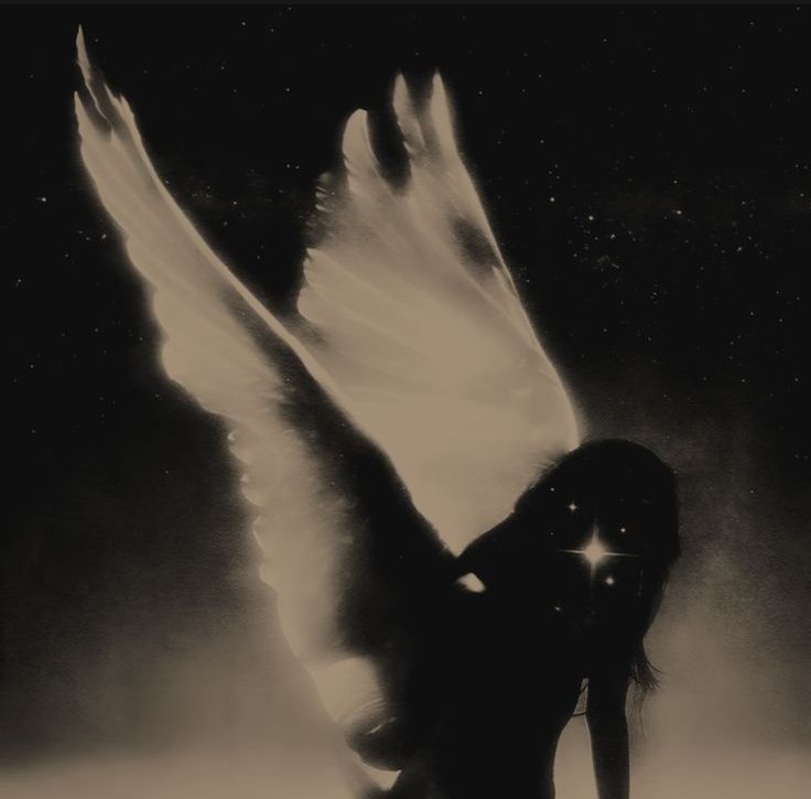 an angel with white wings standing in front of a black and white background at night