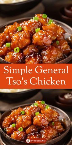 simple general tofu's chicken is shown in three different bowls with the title, simple general tofu's chicken