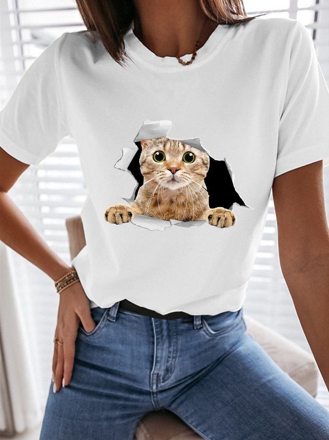 3D Cat Graphic Tee Casual Cat Design Short Sleeve Shirt, Casual Short Sleeve Shirt With Cat Design, Cat Print Short Sleeve Graphic Tee Shirt, Casual Crew Neck T-shirt With Cat Design, Casual Short Sleeve Shirt With Cat Print, White Short Sleeve Shirt With Cat Print, White Crew Neck Top With Cat Design, White Crew Neck Shirt With Cat Print, Short Sleeve Graphic Tee With Cat Design