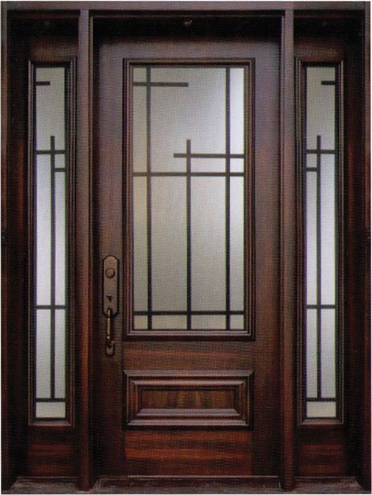 a wooden door with glass panels on the front and side doors, both in dark wood