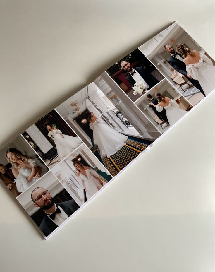 an image of a wedding album with pictures on the front and back cover that is folded in half