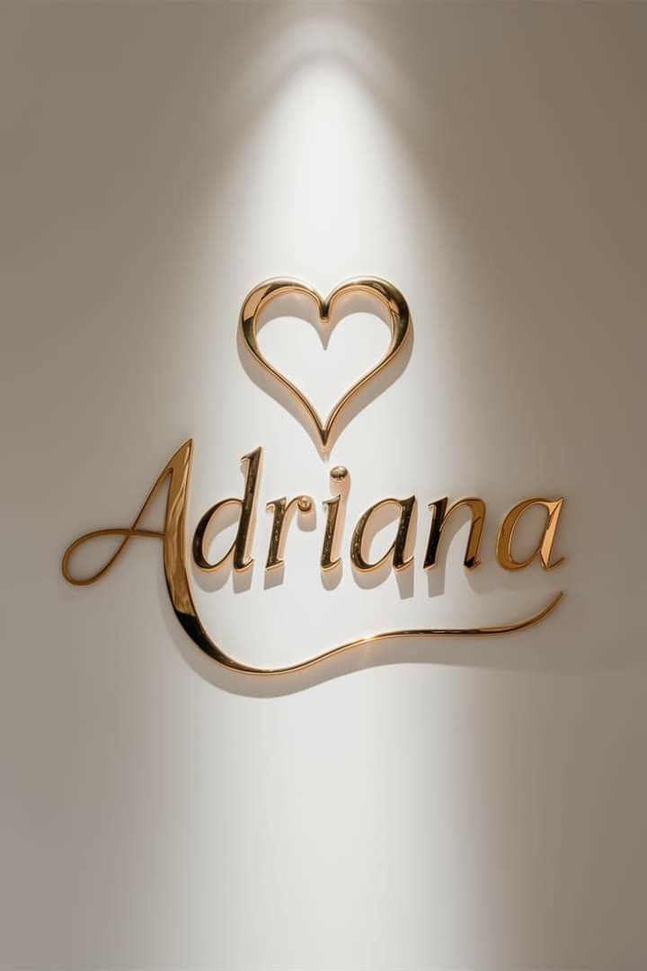 the word adriana written in gold with a heart shaped cutout on it