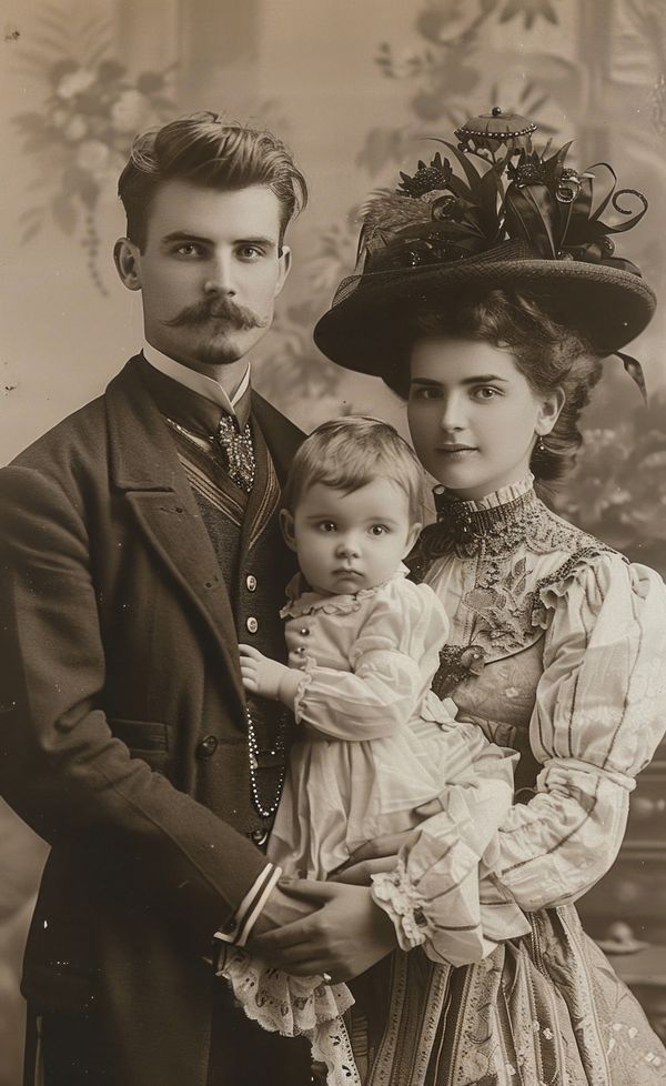 an old photo of a man and woman with a baby in their arms, standing next to each other