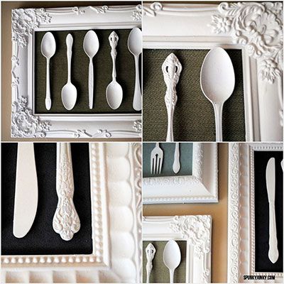 a collage of spoons and utensils in white frames with the words spray painted on them