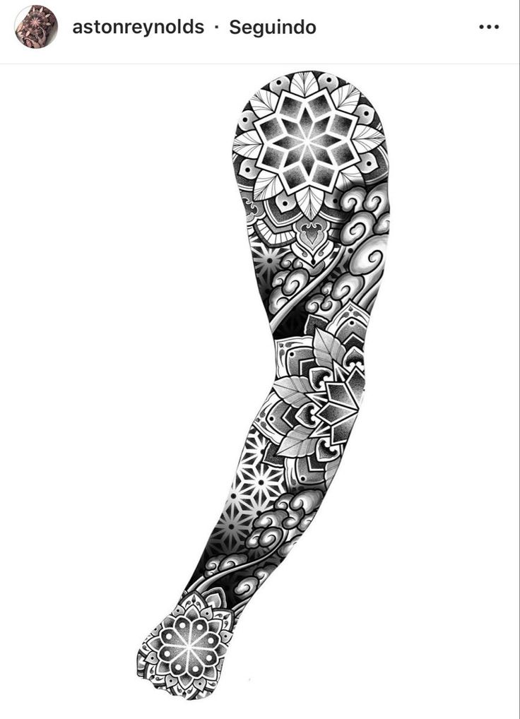 the arm tattoo design is done in black and white, with intricate designs on it