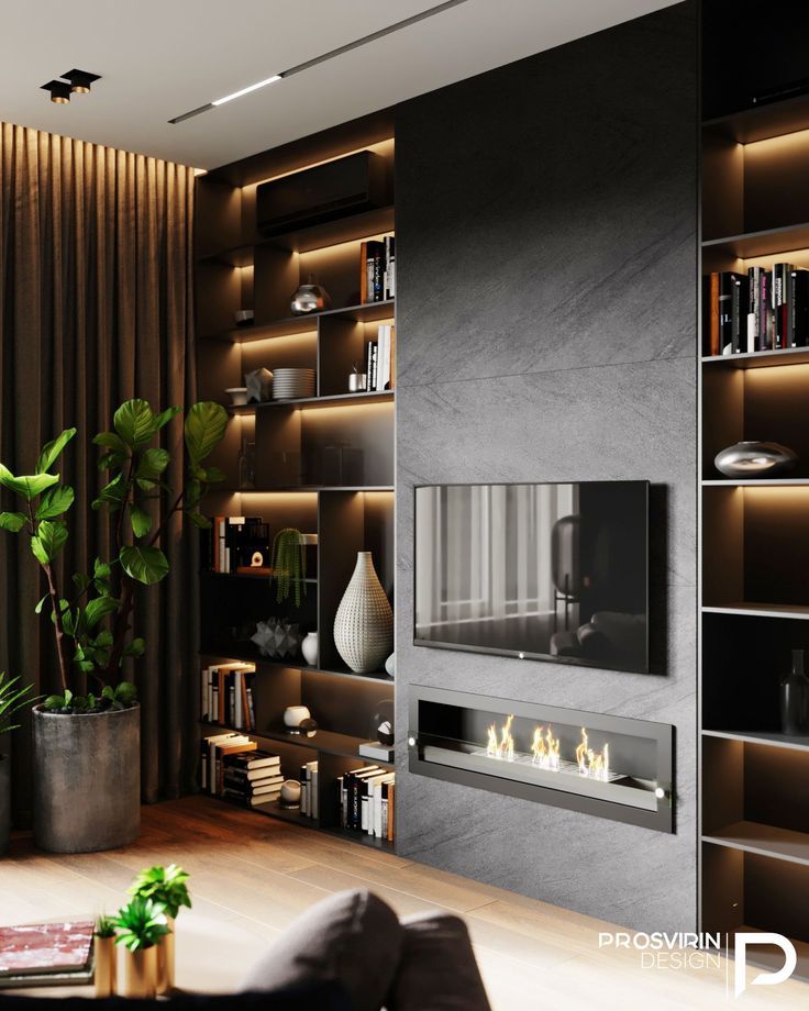 modern living room with fireplace and built - in bookshelves, potted plants