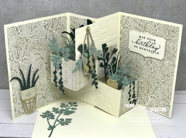 an open card with potted plants on it