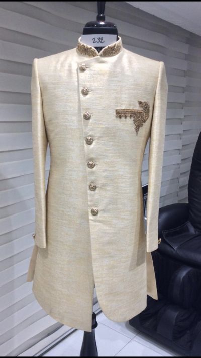 (1) White Floral Embroidery Sherwani – Nazranaa Designer Ceremonial Sherwani With Long Sleeves, Designer Long Sleeve Sherwani For Ceremonial Occasions, Designer Traditional Drape Sherwani For Eid, Designer Sherwani With Traditional Drape For Eid, Designer Fitted Kurta In Raw Silk, Designer Fitted Raw Silk Kurta, Designer Bandhgala With Intricate Embroidery And Traditional Drape, Designer Raw Silk Sherwani With Resham Embroidery, Designer Dabka Sherwani For Reception