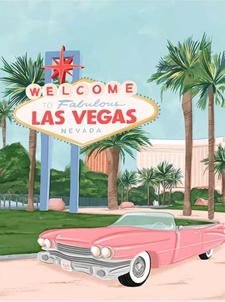 a pink car parked in front of the welcome to las vegas sign