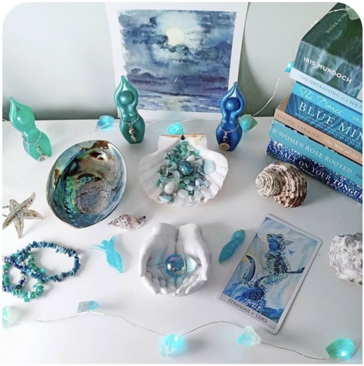 various sea shells and seashells are arranged on a white table with blue lights