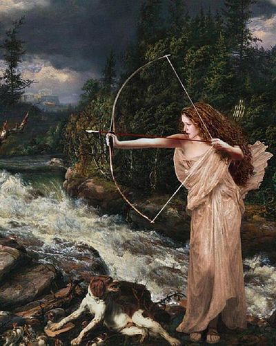 a painting of a woman with a bow and arrow in her hand standing next to a river