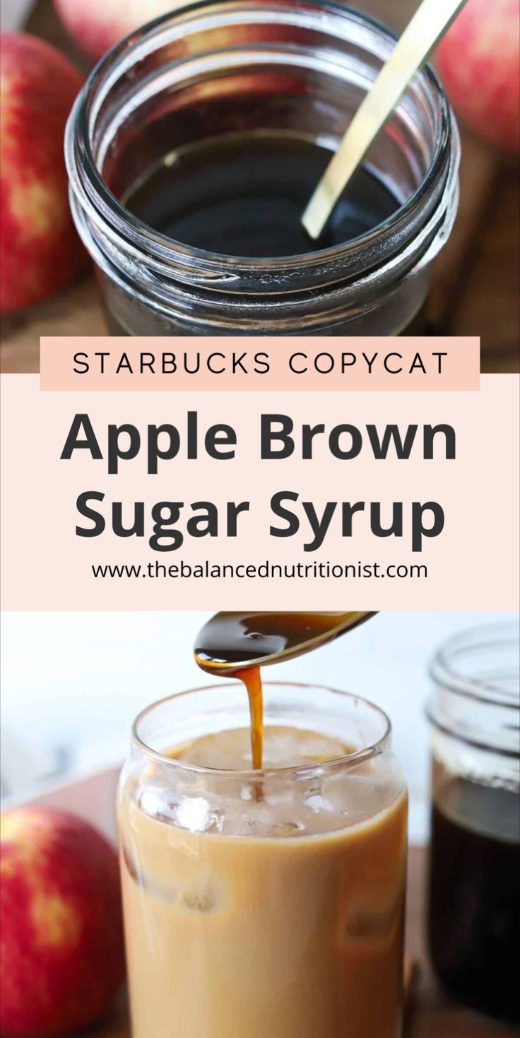 an apple brown sugar syrup is being poured into a jar