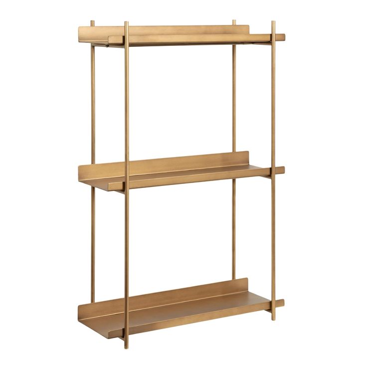 a gold shelf with two shelves on each side and one shelf below it, against a white background