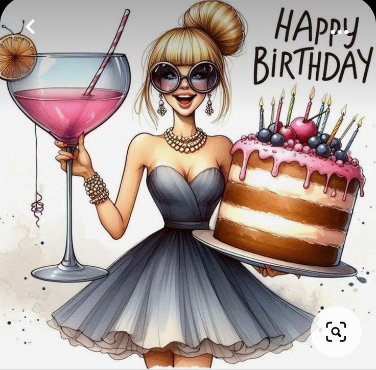 a woman holding a birthday cake and a pink drink in front of her with the words happy birthday written on it