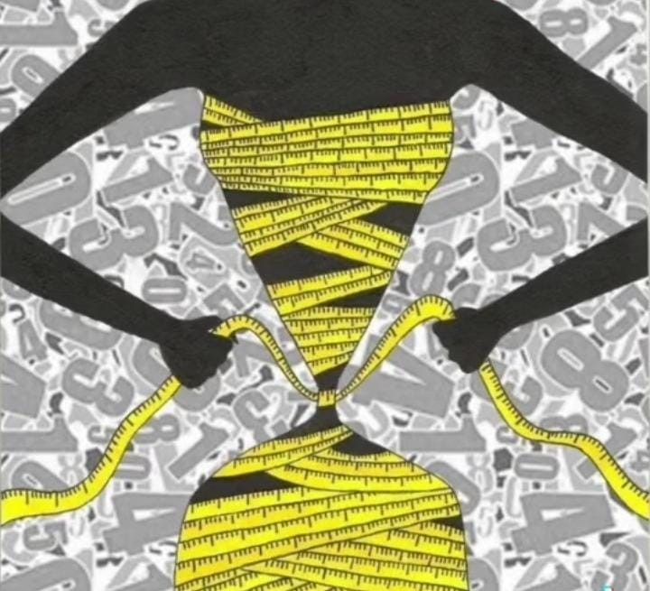 a drawing of a woman's torso with yellow and black strips wrapped around it