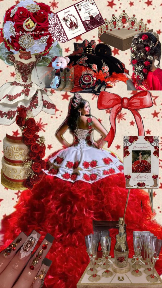 a collage of red and white images with different things on it, including a woman's dress