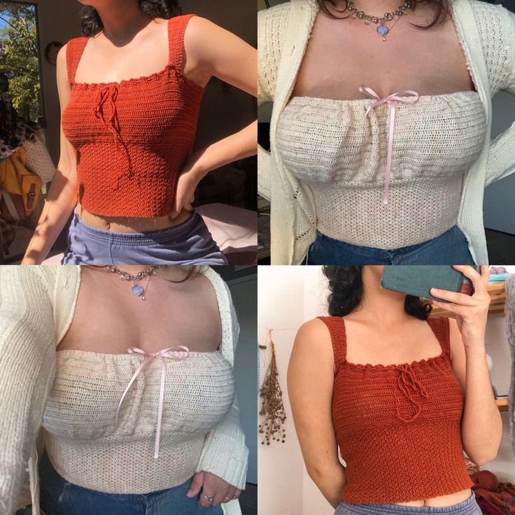 four different pictures of a woman wearing an orange top and blue jeans with her hands in her pockets