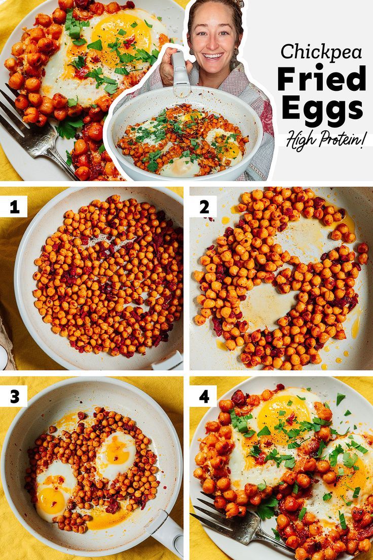 the steps to make chickpea fried eggs in a skillet are shown here