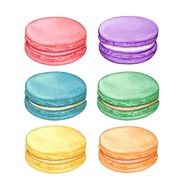 four different colored macaroons are shown in this drawing