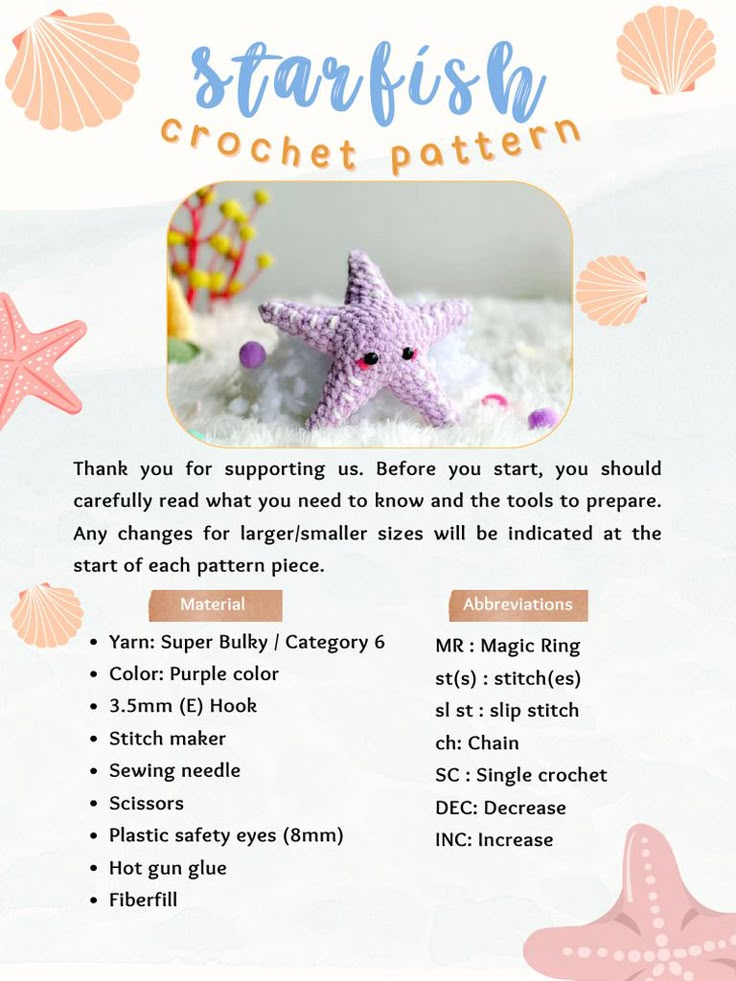 the starfish crochet pattern is shown with instructions for how to make it