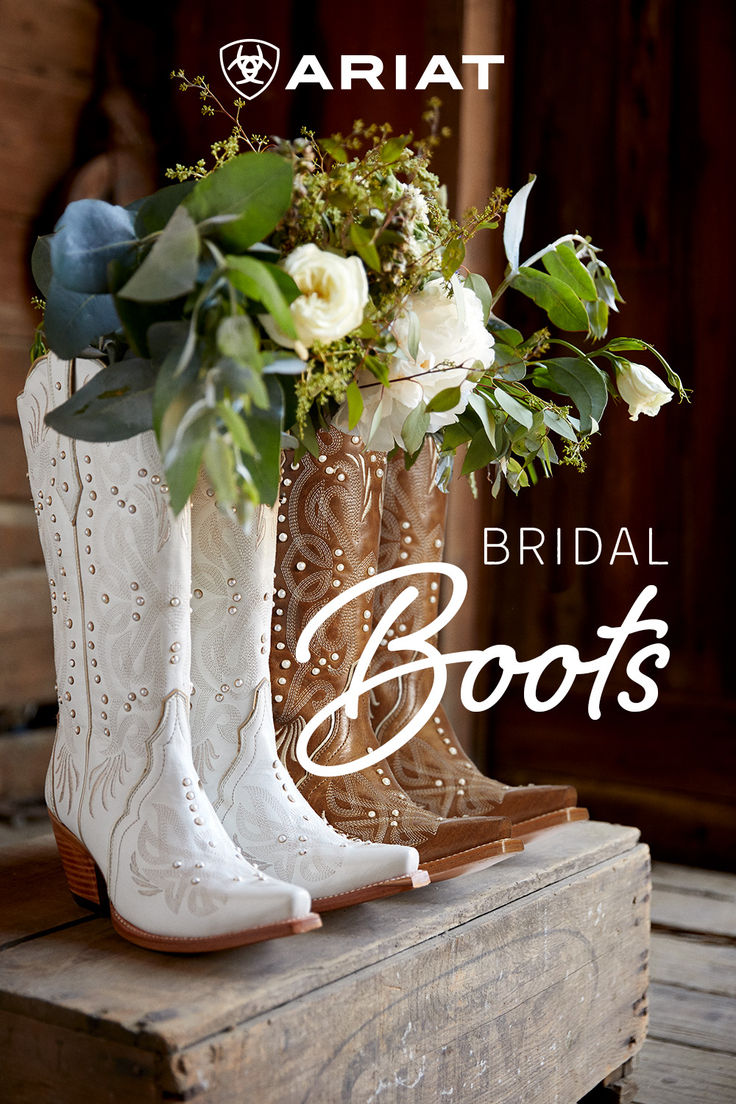 boots with flowers and greenery in them sitting on a wooden box that says bridal boots