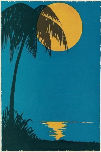 an image of a palm tree with the moon in the sky and water behind it