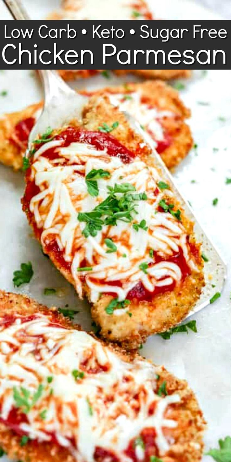 low carb keto chicken parmesan on a serving spoon