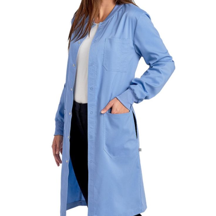 New Ciel Blue Lab Coat Style: Ww350ab Light Blue Long Sleeve Outerwear With Buttons, Fitted Light Blue Outerwear With Button Closure, Fitted Blue Button-up Outerwear, Blue Button-up Outerwear With Pockets, Light Blue Button-up Outerwear For Work, Blue Outerwear With Buttons For Work, Blue Buttoned Outerwear For Work, Blue Long Coat For Work, Blue Button-up Outerwear For Work