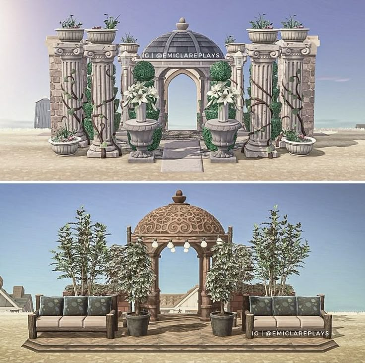 two different views of an outdoor area with trees and plants on the ground, in front of a stone archway