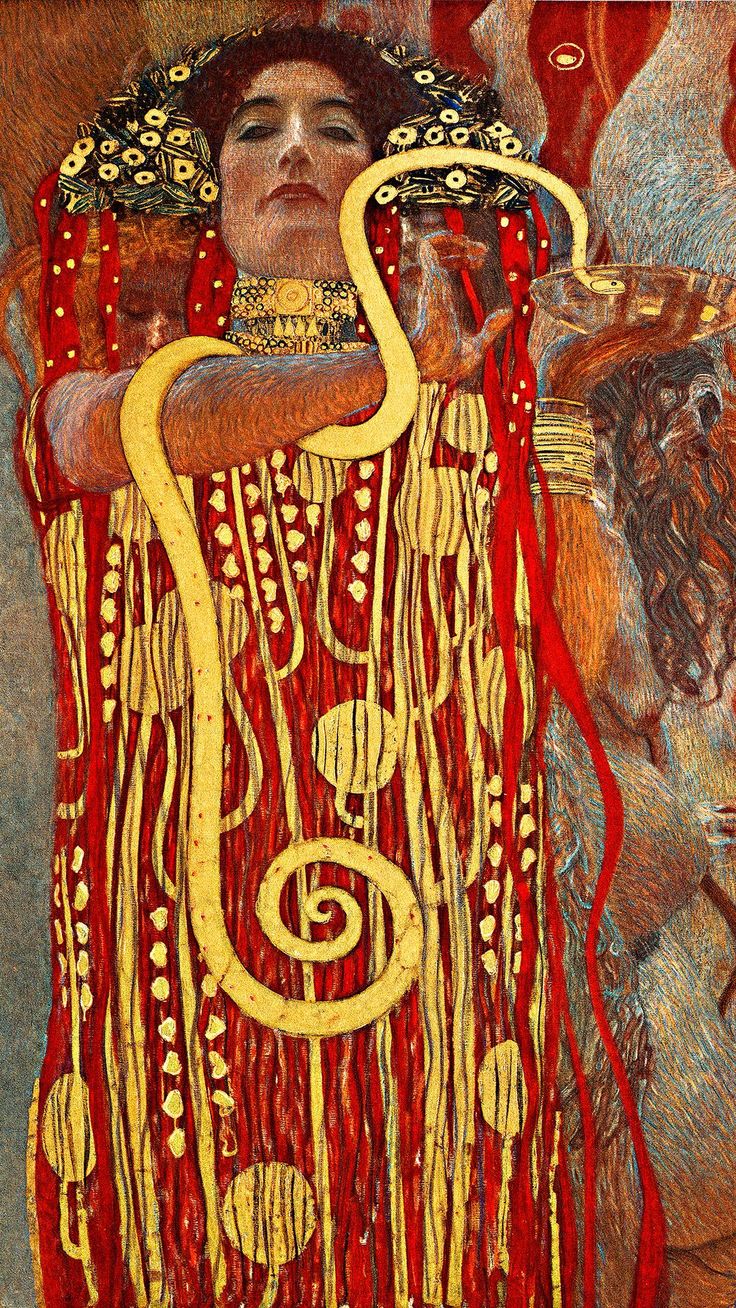 a painting of a woman in red and gold