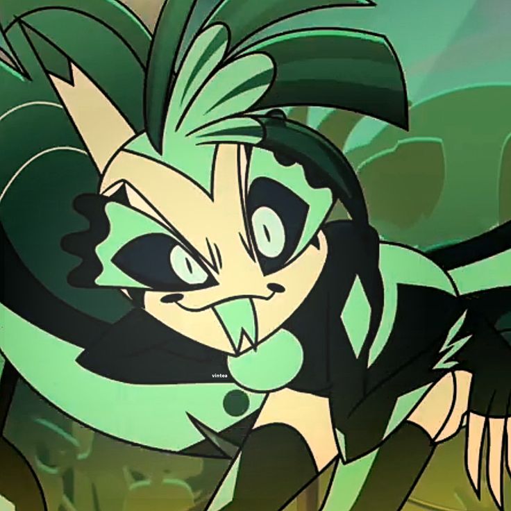 an animated character with green hair and black eyes