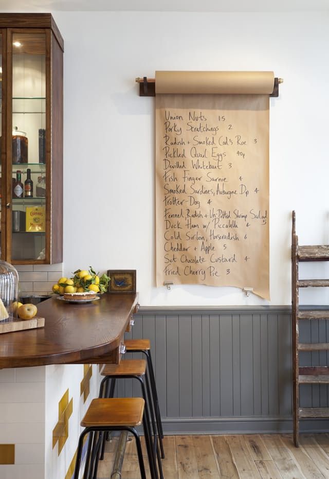 an image of a kitchen with the words wall mounted krat paper roll to keep temporary notes for added note space, paint a chalkboard