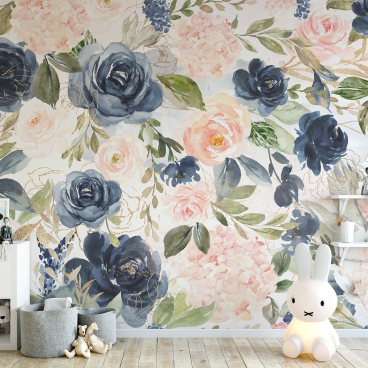 a floral wallpaper with blue and pink flowers in a child's playroom