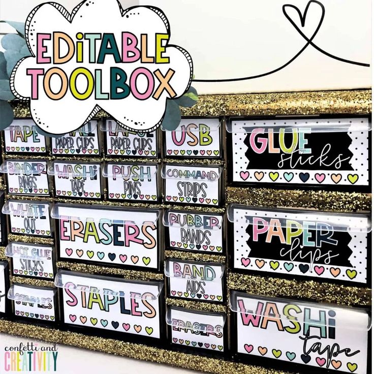 the editable toolbox display is organized and ready to be used in any classroom