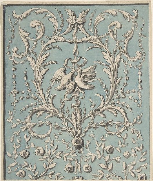 an ornate blue and white wallpaper with birds on the top, surrounded by flowers