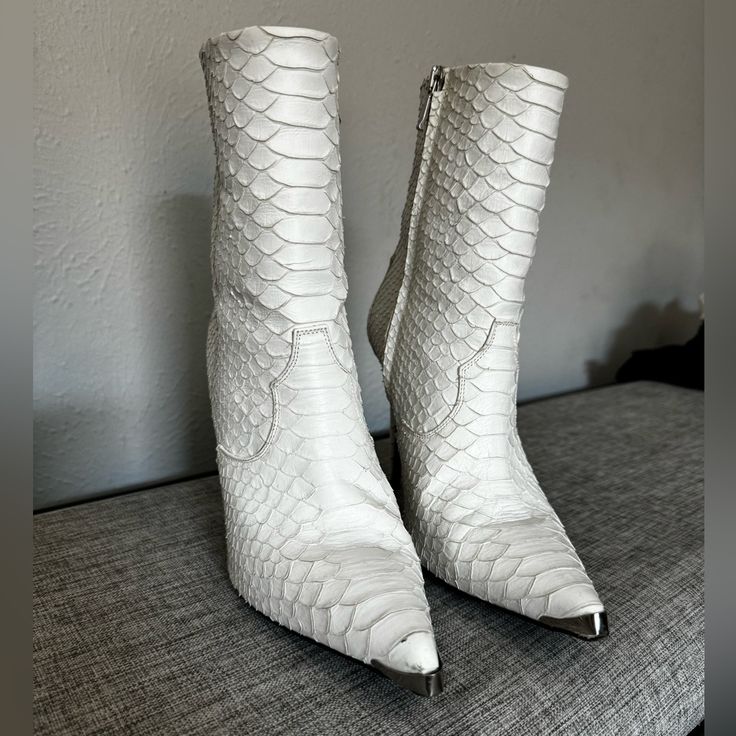 Luxurious Snakeskin Boots. Only Worn Once. They Run Small, So These Would Be Ideal For Someone Who Is A Size 7us - 7.5us. Minor Wear On Heel Due To Delicate Nature. Snakeskin Embossed Upper With Leather Sole Made In Italy Shaft Measures Approx 140mm/ 5.5 Inches In Height Approx 100mm/ 4 Inch Heel Side Zip Closure Silver-Tone Metal Detail At Toe Our Style No. Amif-Wz11 Manufacturer Style No. Wswes Esk Snakeskin Shoes, Snake Skin Shoes, Snakeskin Boots, 4 Inch Heels, Shoes Heels Boots, Snake Skin, Emboss, Shoes Women Heels, Heeled Boots